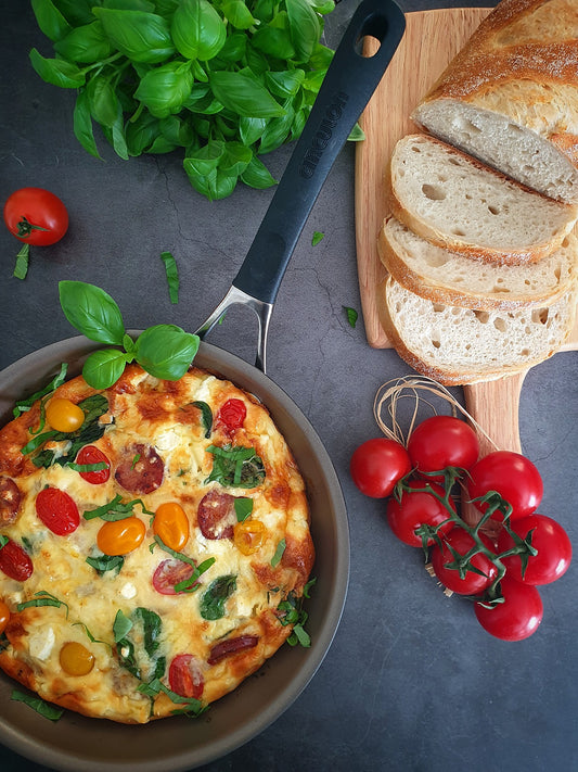 Chorizo, feta and tomato frittata