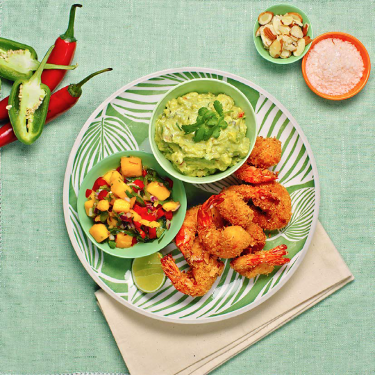 Almond Crusted Prawns with Guacamole and Manga Salsa 