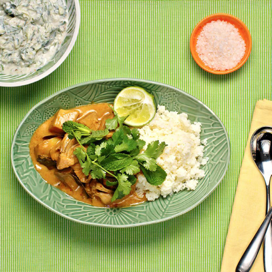 Jackfruit Massaman Curry with Cauliflower Rice and Raita