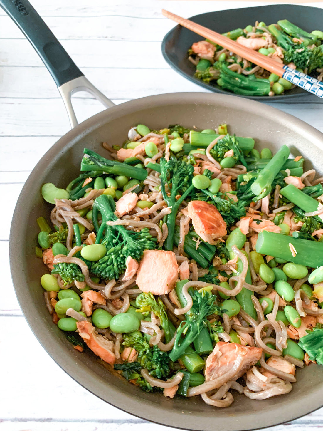 Japanese salmon and soba noodle stir-fry