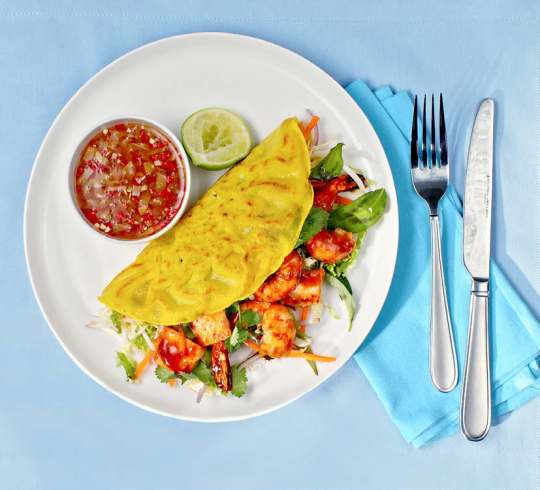 Turmeric & Coconut Crepes with Oyster Sauce Prawns and Cabbage Slaw