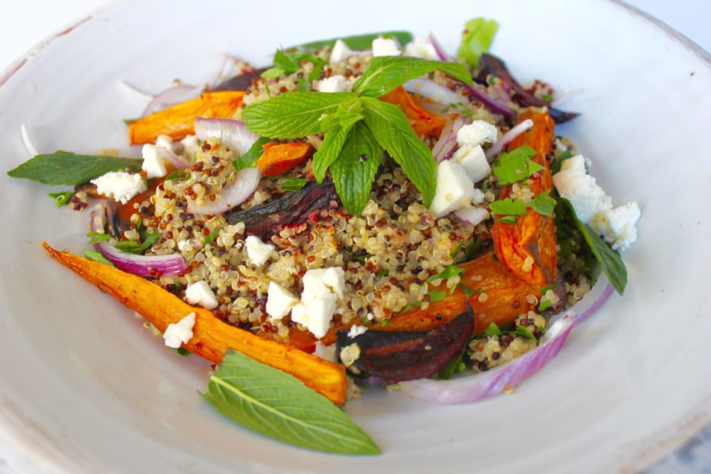 Warm Quinoa Salad with Roasted Sweet Potato and Beetroot